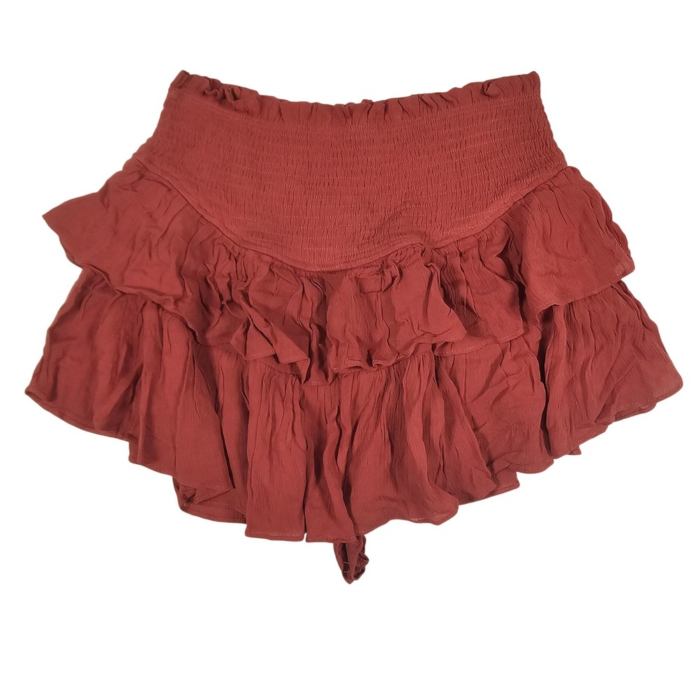 C'isa Smocked Waist Ruffle Mini Skirt Terracotta Rust Tiered‎ Boho Small